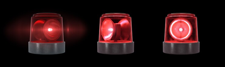 Foto 3d render luz de advertência vermelha com reflexo em um fundo preto