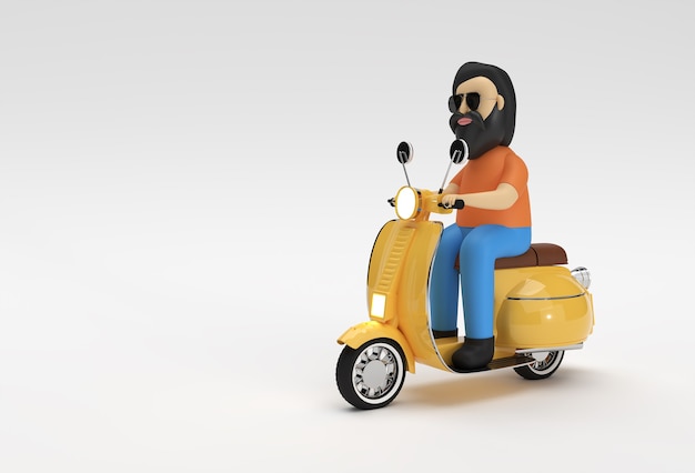 3D Render Man Riding Motor Scooter Side View em um fundo branco.