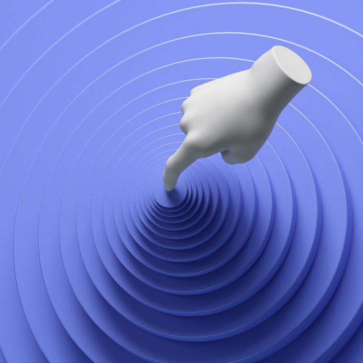 Foto 3d render manequim branco mão empurrando o botão azul conceito abstrato