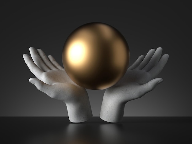 3D render manequim mãos segurando uma bola de ouro