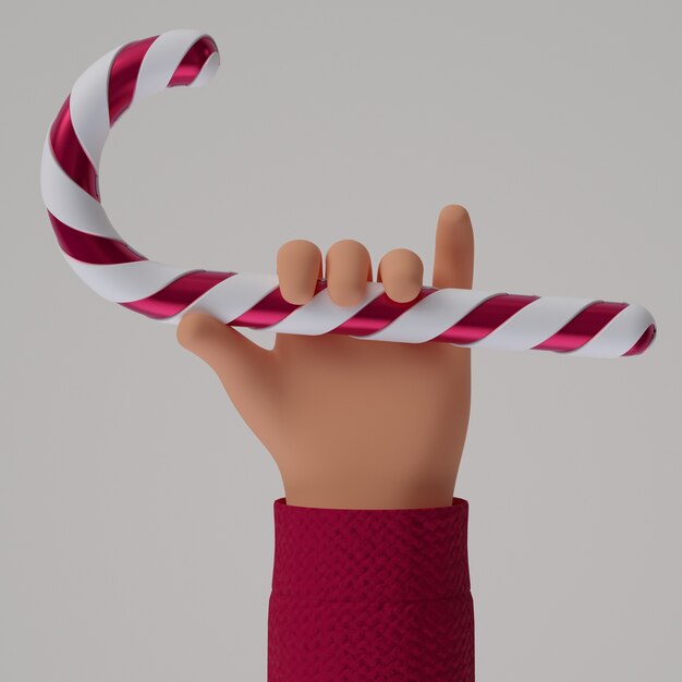 3D Render mano agarre dulces navideños en el fondo brillante