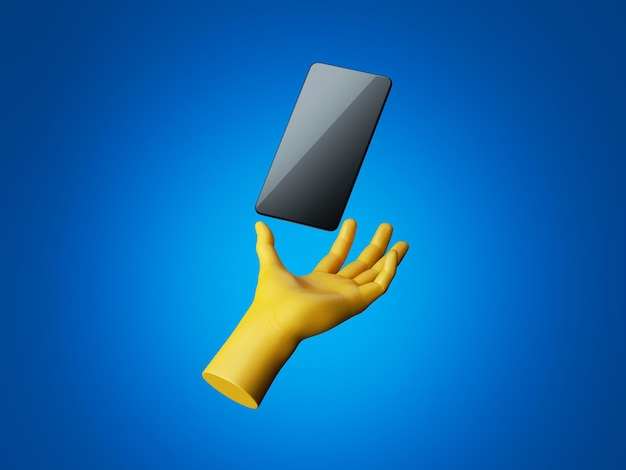 3d render mano amarilla sostiene dispositivo digital de teléfono inteligente negro con pantalla brillante