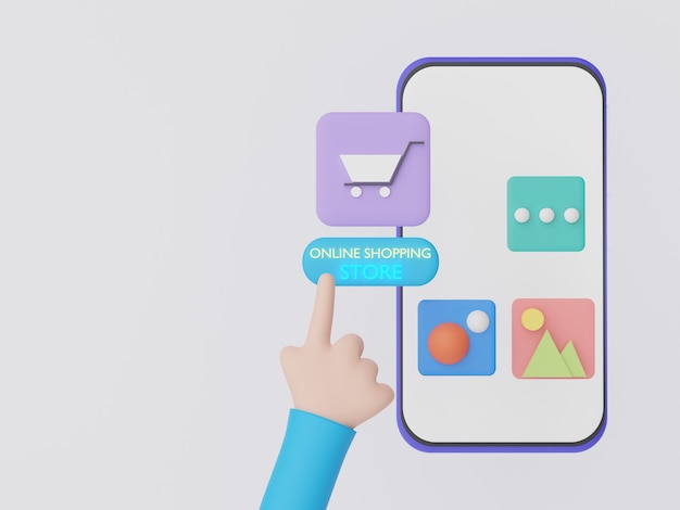 3d render mano apuntando a la aplicación de compras en línea desde el concepto de tecnología de teléfono inteligente