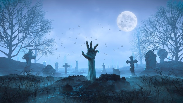 3d render mano zombie se arrastra fuera del suelo por la noche contra el fondo de la luna en el cementerio