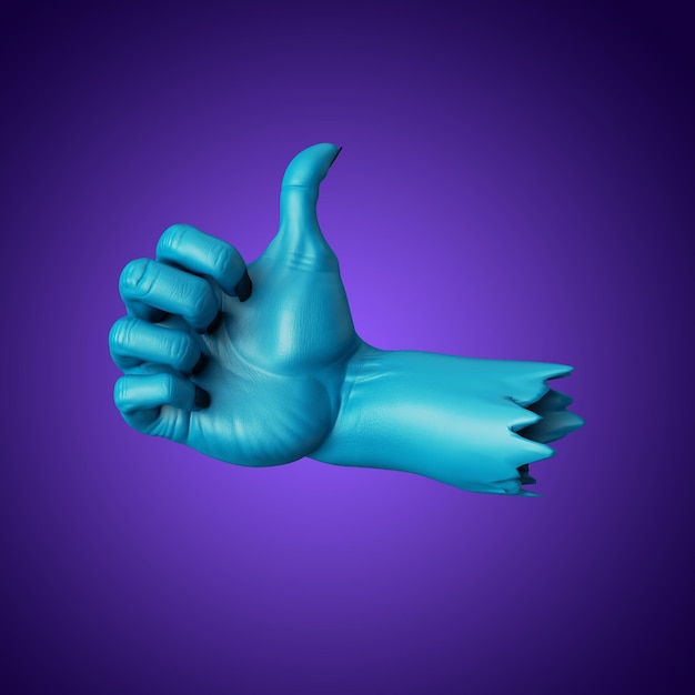 Foto 3d render mano zombie azul como gesto pulgar arriba imágenes prediseñadas de halloween aislado sobre fondo violeta