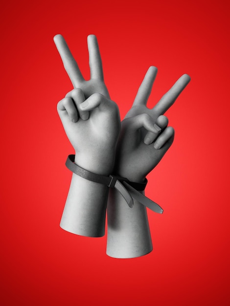 Foto 3d render mãos humanas amarradas com laços de plástico isolados em fundo vermelho