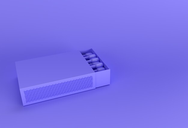 3D Render Maqueta de caja de cerillas en blanco abierta aislada sobre fondo de color