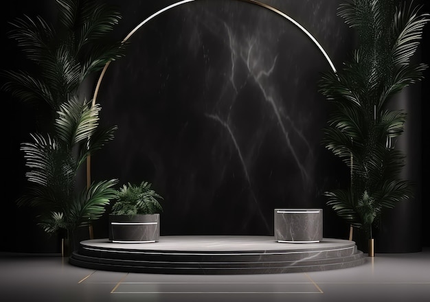 3d render de mármol negro y blanco pedestal podio en el fondo abstracto concepto minimal decorar con plantas espacio en blanco lujo minimal diseño limpio 3d modelo de producto presente AI generativo