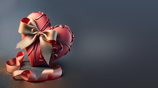 3D Render Matte Red Heart Shape mit bronzefarbenem Schleifen-Seidenband umwickelt