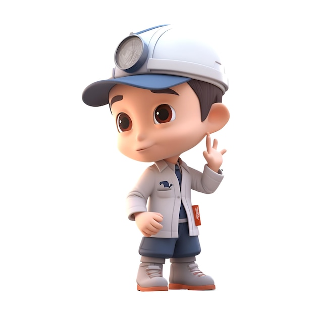 3D Render de un mecánico con gorra blanca y uniforme azul