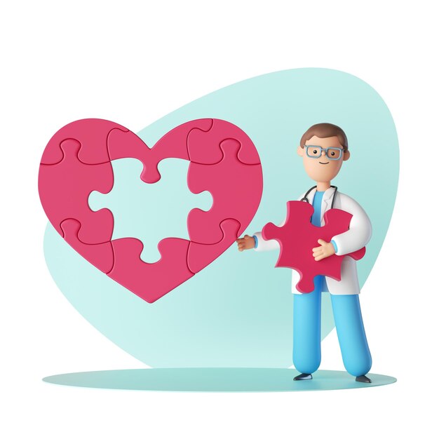 Foto 3d render médico cardiólogo personaje de dibujos animados con corazón de rompecabezas