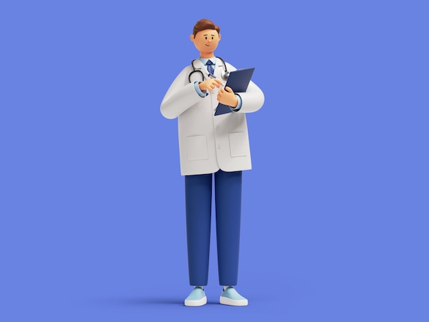 3d render médico personagem de desenho animado de pé com o dedo apontando para cima segurando clipboard