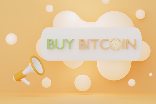 3d render megafone com banner de aplicativo para compra de bitcoin. transações de criptomoeda na rede de blockchains.