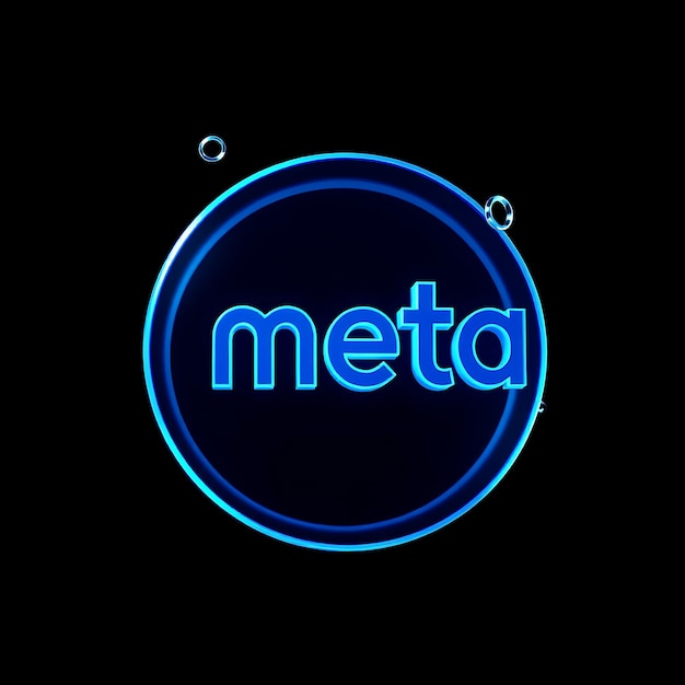 3D Render Meta Logotipo de Facebook tallado en vidrio de cobalto translúcido flotando a 25 grados azul neón