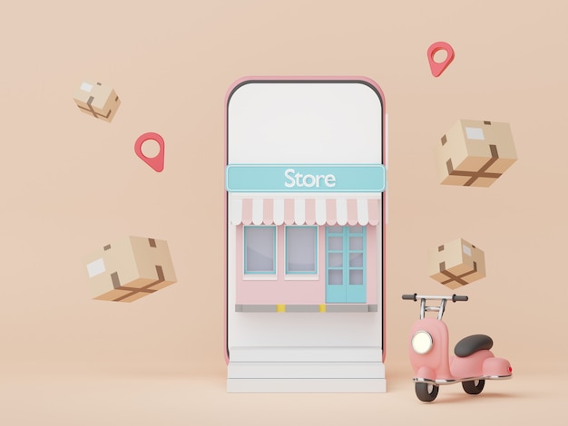 3d render minimal smartphone e entrega de encomendas de scooter com o conceito de compras online