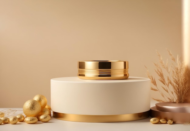 3D render minimalista pódio creme e ouro para exibição de produtos 02