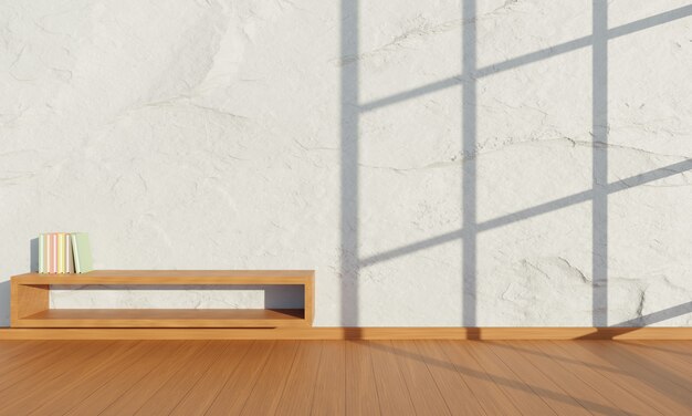 3D render minimalista sala de estar com piso de madeira e parede branca