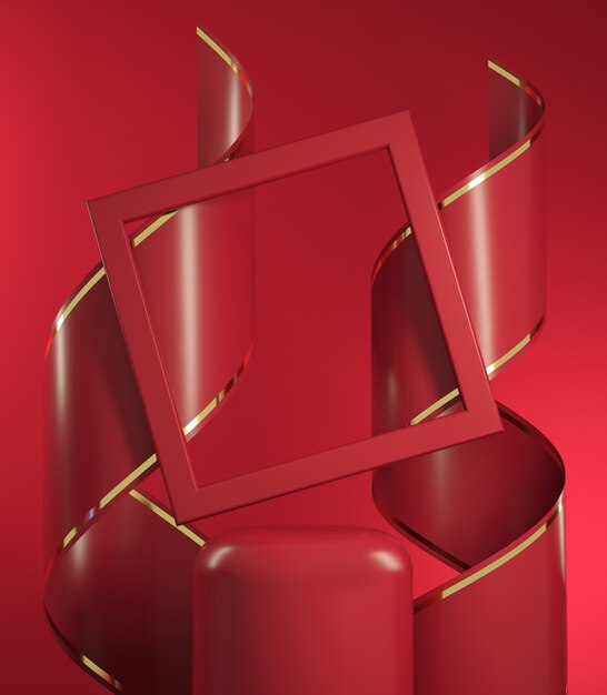 3D Render Mockup Red Stage Scene mit Spiralband und quadratischem Rahmen Abstract Backgroud Illustration