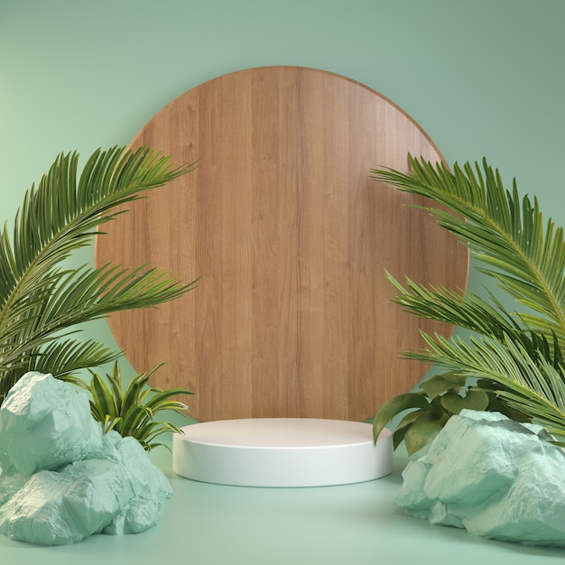 3d Render Mockup White Podium Com Green Forest Concept