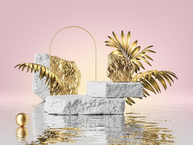 3d render moderno fundo rosa com folhas tropicais pódio de rocha vazio paralelepípedos arco dourado