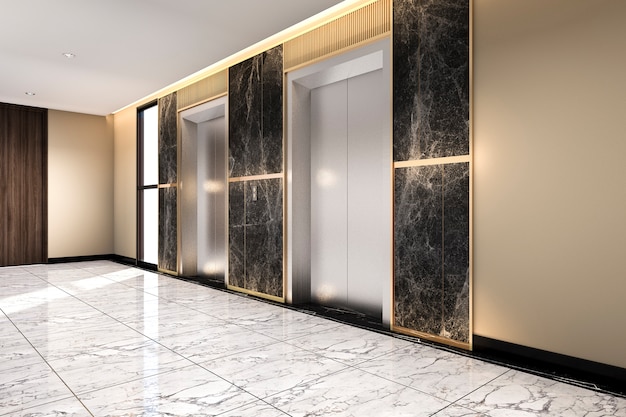 3d, render, modernos, aço, elevador, elevador, lobby, em, hotel negócio, com, luxo, desenho