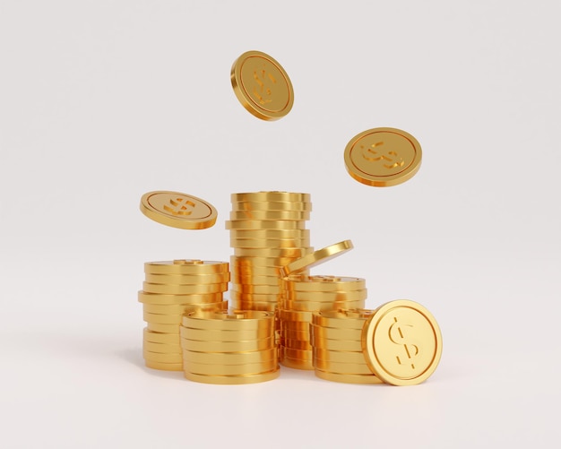 3D render moeda de ouro em fundo branco, economizar dinheiro conceito renda e lucro