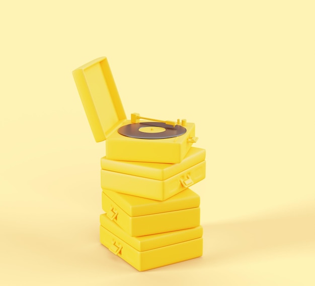 3D-Render monochrome gelbe Stapel von Vintage-Vinyl-Plattenspielern Tragbare Retro-Turntables in Koffern zum Hören von Musik altmodisches Audio-Gerät Disco oder Retro-Party-Banner 3D-Illustration