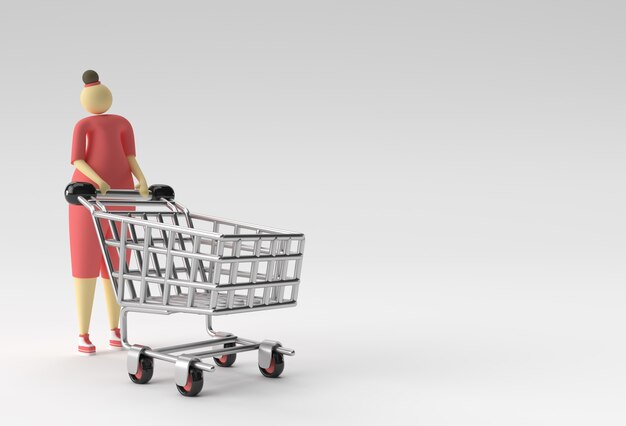 3D Render Mujer con diseño de ilustración de icono de carrito de compras.