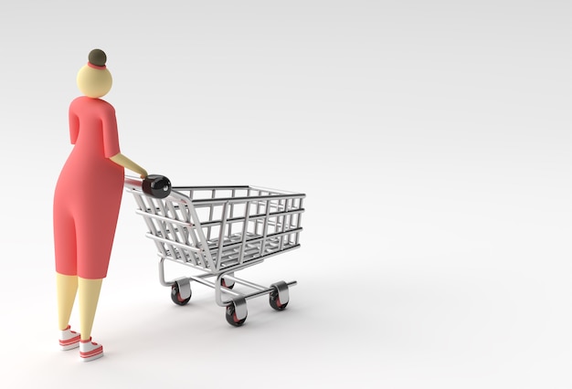 3D Render Mujer con diseño de ilustración de icono de carrito de compras.