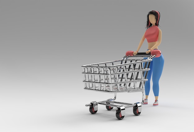 3D Render Mujer con diseño de ilustración de icono de carrito de compras.