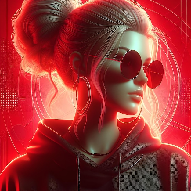 3d render una mujer con gafas de sol y un fondo rojo