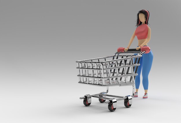 3d render mulher com design de ilustração de ícone de carrinho de compras.