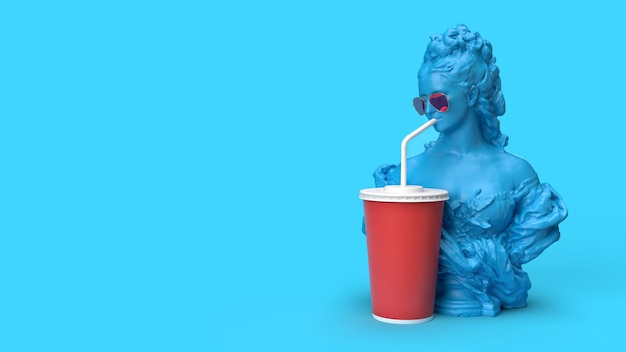 3d render mulher com óculos de sol bebendo através de um busto de palha blu fundo vermelho vidro