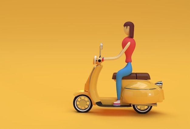 Foto 3d render mulher equitação motor scooter vista lateral em um fundo amarelo.