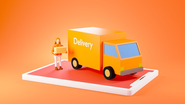 3D render mulher segurando caixa ao lado da van de entrega laranja em smartphone isolado em fundo laranja