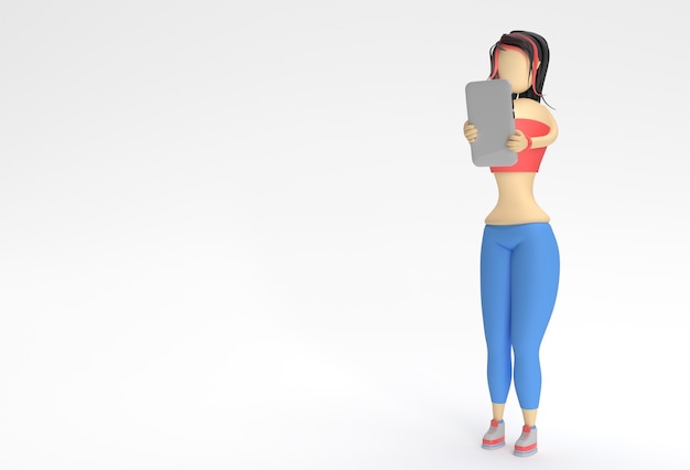 3D render mulher segurando smartphone e mostrando uma tela em branco sobre um fundo vermelho.