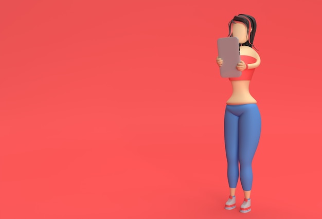 3D render mulher segurando smartphone e mostrando uma tela em branco sobre um fundo vermelho.