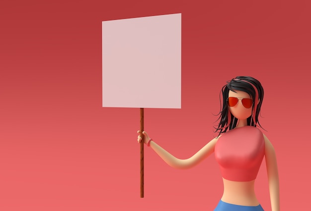 3d render mulher segurando um cartaz de painel branco sobre um fundo vermelho.