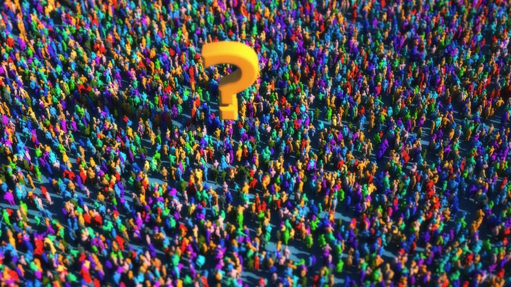 Foto 3d render multitud y signo de pregunta