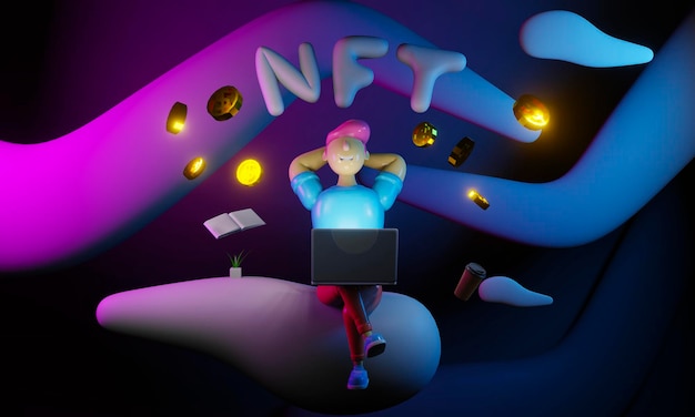 3d render muy lindo personaje disfruta ganar dinero con nft en el metaverso