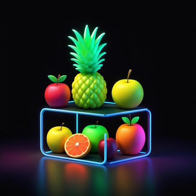 3D render neon luz abacaxi com um copo de suco em um fundo preto 3D rendering neon li