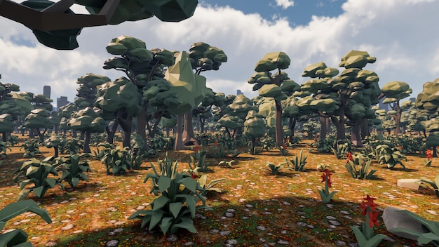 3D Render niedriger Polygon-Hintergrund mit natürlicher Dschungellandschaft