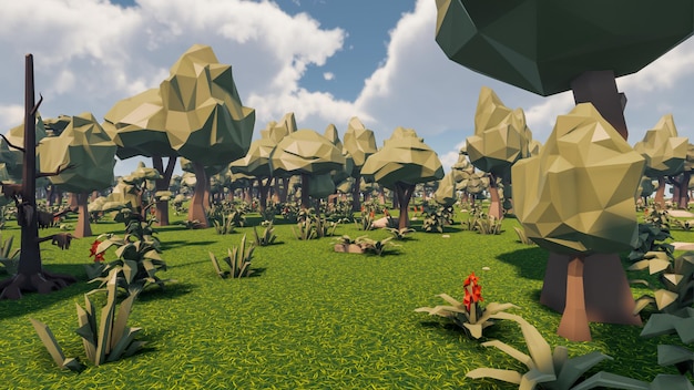 3D Render niedriger Polygon-Hintergrund mit natürlicher Waldlandschaft