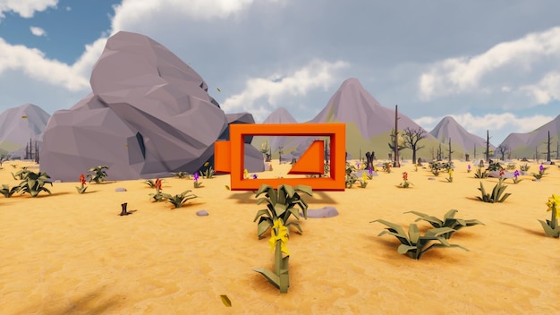 3D Render niedriger Polygonhintergrund mit natürlicher Landschaftskulisse und orangefarbener Batterie