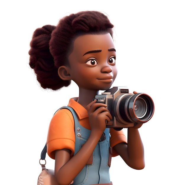 3D Render de una niña afroamericana con una cámara