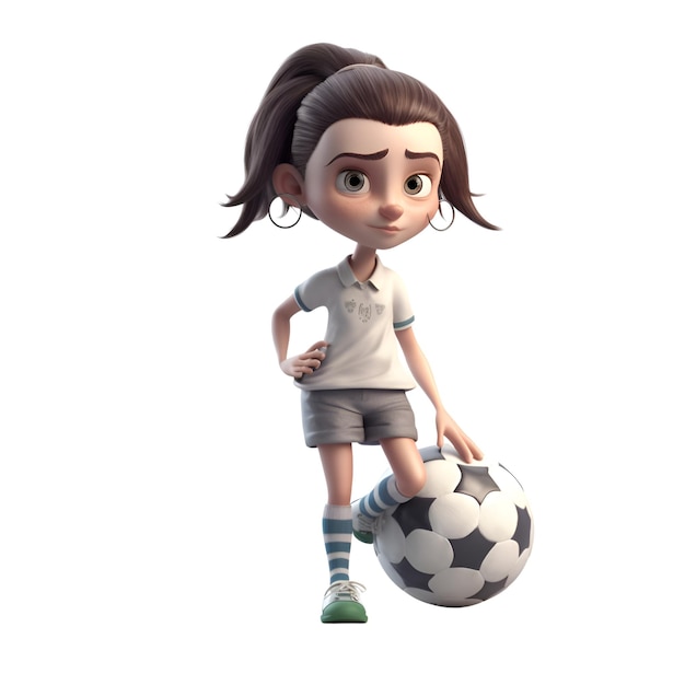 Foto 3d render de una niña con balón de fútbol aislado sobre fondo blanco.