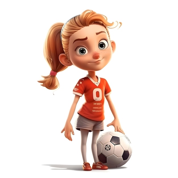 3D Render de una niña con balón de fútbol aislado sobre fondo blanco.