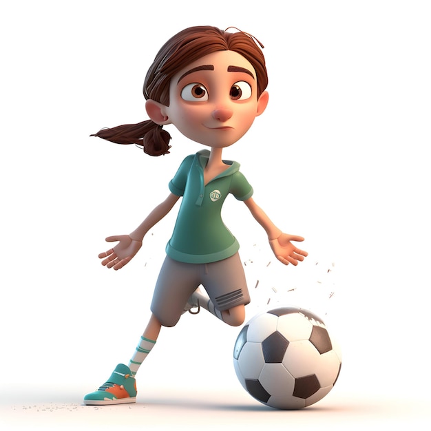 3D Render de una niña con balón de fútbol sobre fondo blanco.