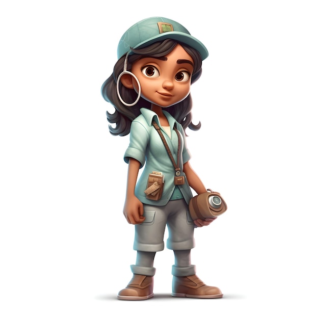 3D Render de una niña con cámara y sombrero de safari