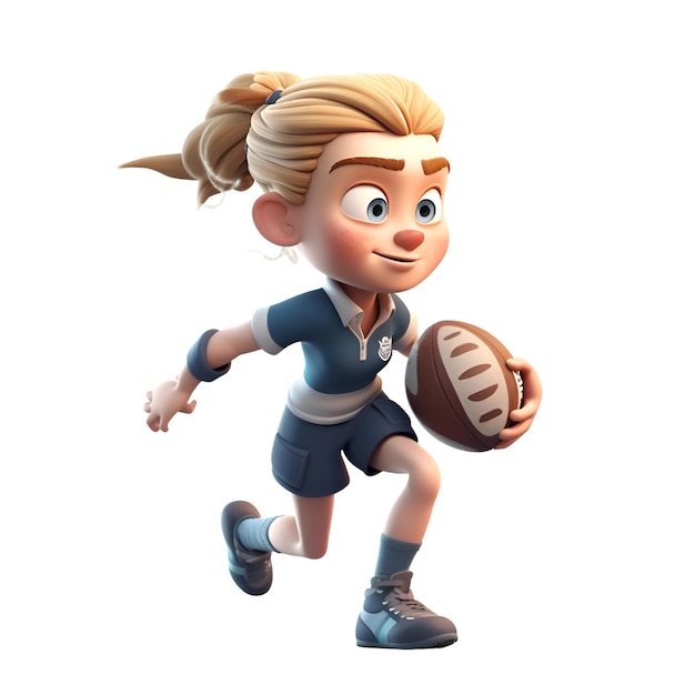 3D Render de una niña jugando fútbol americano con una pelota